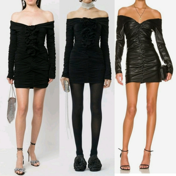 90s Micro Mini Black Rouched Dress Off The Shoulder - Picture 3 of 14